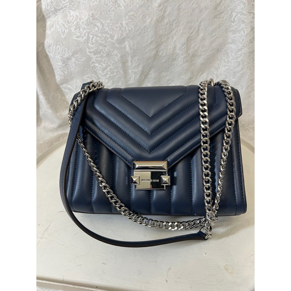 Michael Kors Whitney Navy Quilted Leather Medium Flap Shoulder Bag 35R4SWHL6U